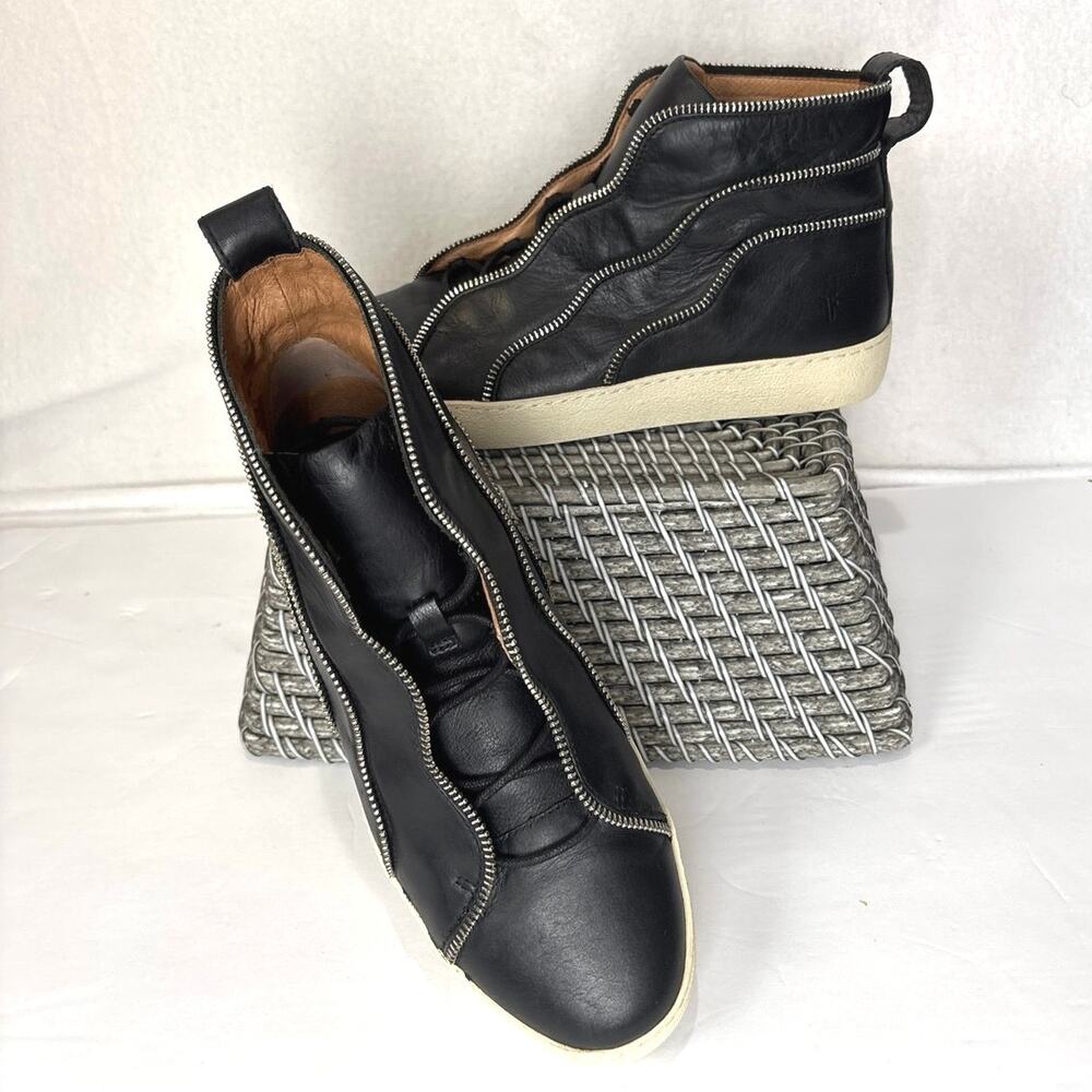 Frye Webster Black Leather Zip-Detail High Top Sneakers Platform Lace Up Sz 9.5